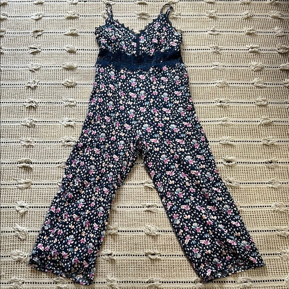 Lulu's Floral Jumpsuit with Lace Detail - Black and Pink - Picture 1 of 6